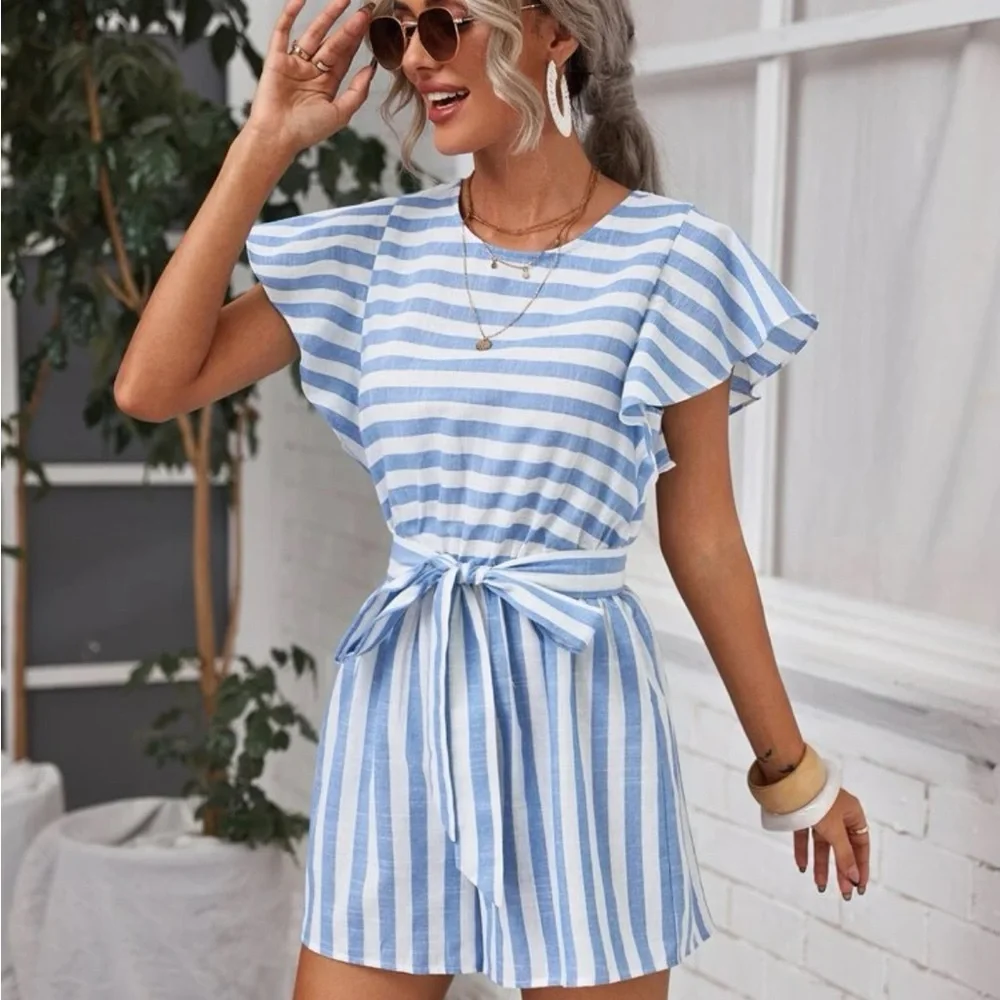 Shein tie backless butterfly sleeve striped romper - Picture 1 of 2